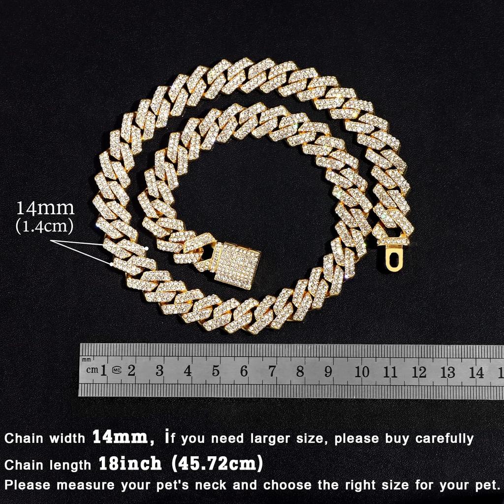 Dog Chain Collar Walking Metal Chain Collar Cuban Link Dog Collar with Secure Buckle 14MM Pet Gold Silver Chain Dog Collars for Small Medium Large