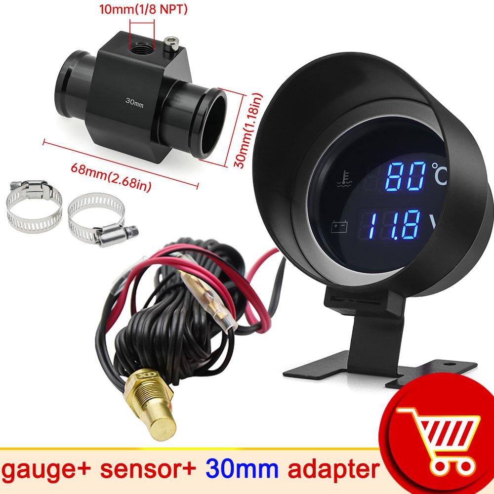Car Digital Led Water Temperature Gauge -10-110 Celsius With Water Temp Joint Pipe Sensor 10MM Adapter 1/8NPT Voltmeter 2 IN 1