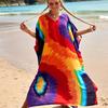 2022 Multicolored Kaftan Bohemian Printed V-neck Batwing Sleeve Street Wear Maxi Dress Women Beach Wear Swim Suit Cover Up Q1342