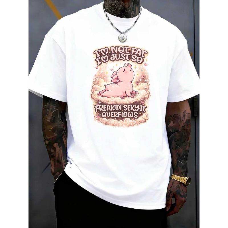 

European sizes Mens Funny Print T-Shirt | Slogan with Pink Pig Graphic | Soft, Medium-Stretch Blend Knit Fabric,Comfortable and Versatile Top 4XL білий