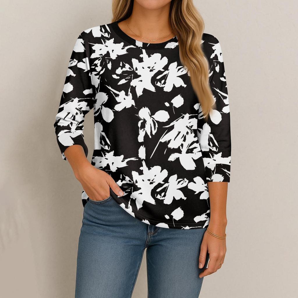 Damenmode, lässig, Rundhalsausschnitt, 3/4-Ärmel, lockeres bedrucktes T-Shirt, Damen-Top