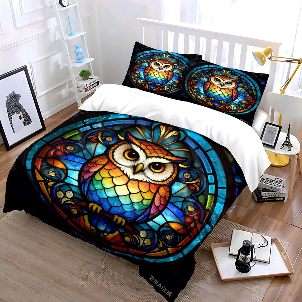 Colorful Owl Glass Decor Set Multiple Sizes Kid'S And Adults' Bedroom Exquisite 3Pc Bedding Set, Gift