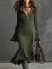 2025 Autumn Elegant Knit Fishtail Skirt with Zipper Lapel and Bell Sleeves - European and American Style