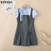 VONDA Women College Style Ruffled Neck Bow Knot Polka Dots Patchwork Pleated Dress