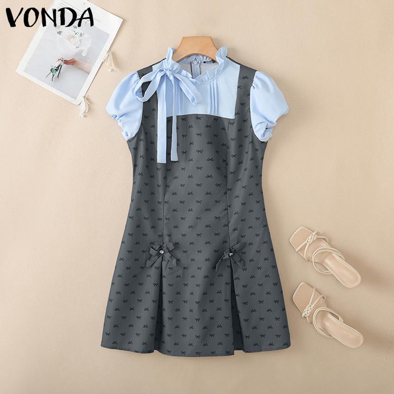 VONDA Women College Style Ruffled Neck Bow Knot Polka Dots Patchwork Pleated Dress