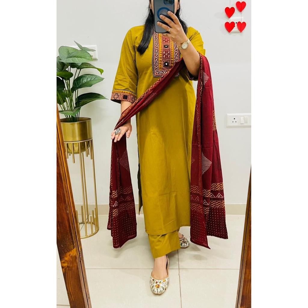 Bollywood Pure Cotton Ethnic Kurti Pant Dupatta Set Indian Women Top Kurta Set