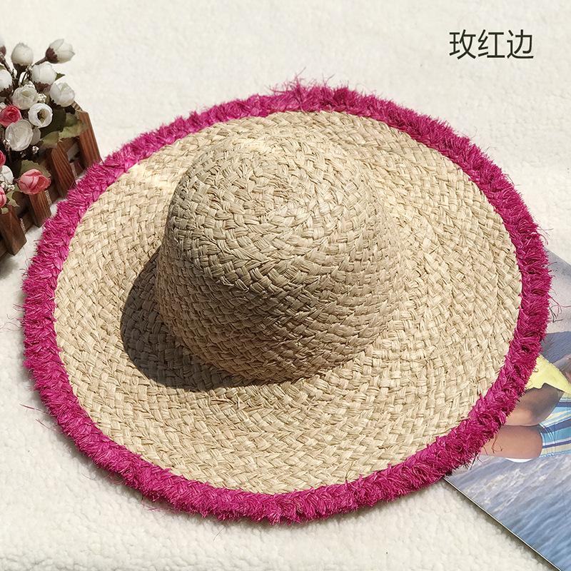 Natural Lafite Straw Hat Sunscreen Large Brim Beach Hat Trendy Foreign Style Color Fur Edge Dome UV Protection Sun Visor