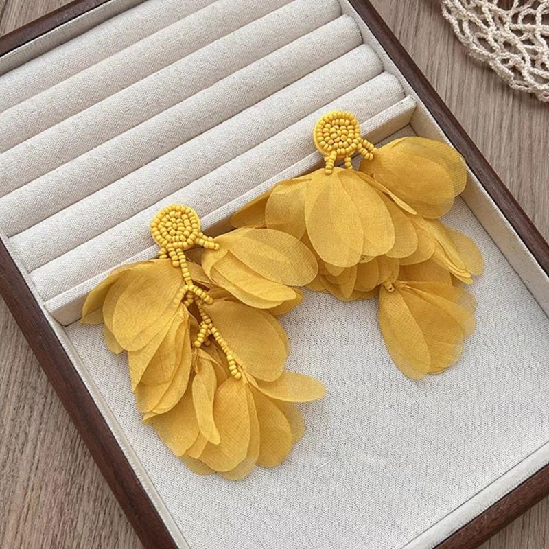 Elegant Chiffon Floral Earrings Colorful Beaded Piercing Dangle Earrings Retro Fashion Accessories for Women Girls