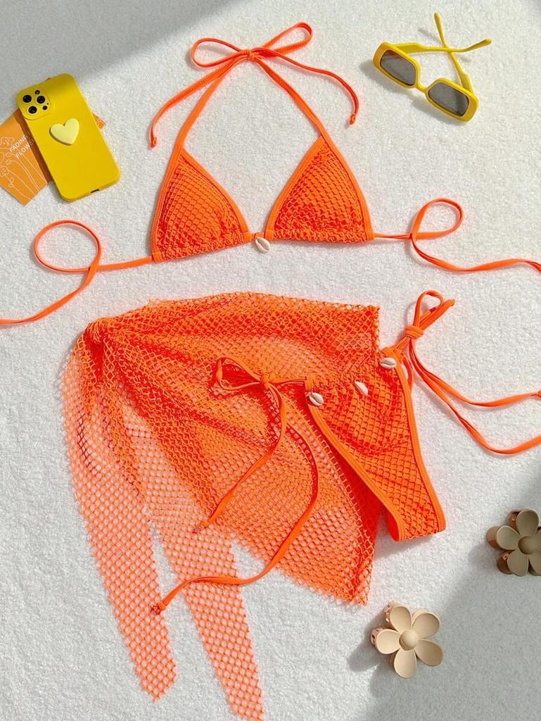 Popular Sexy Strappy Bikini Set with Mesh Wrap Skirt - European & American Style Women's Swimwear