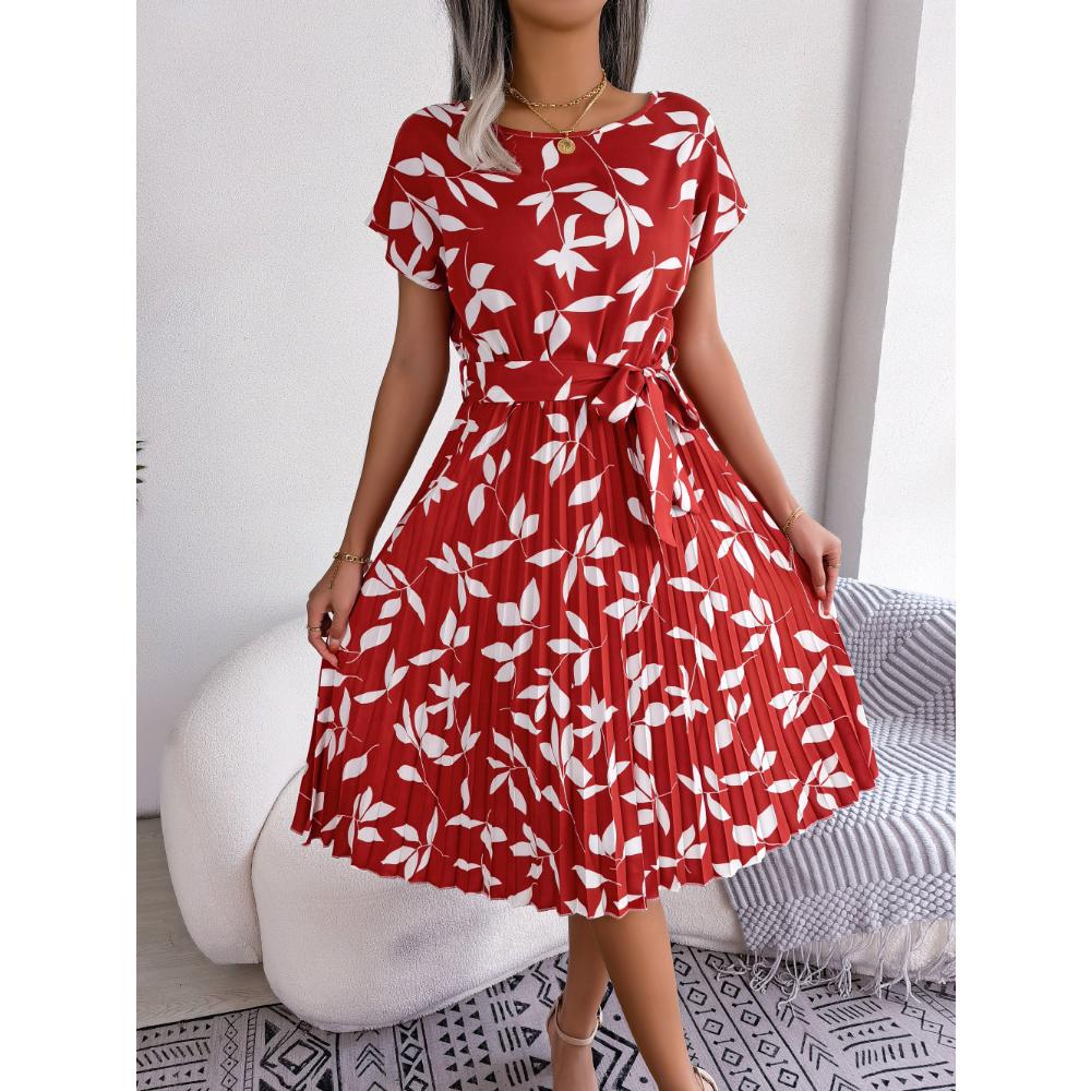 Ins Spring and Summer Casual Short Sleeved Pleated Dress Women's Fashion Versatile Trendy Commuting