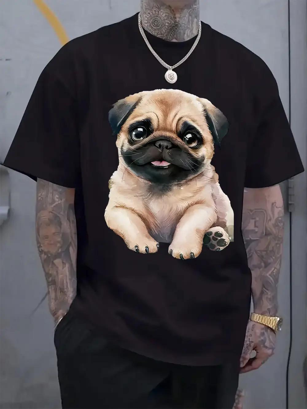 Cute Pug Illustration T-shirt - Casual Crew Neck XXXL