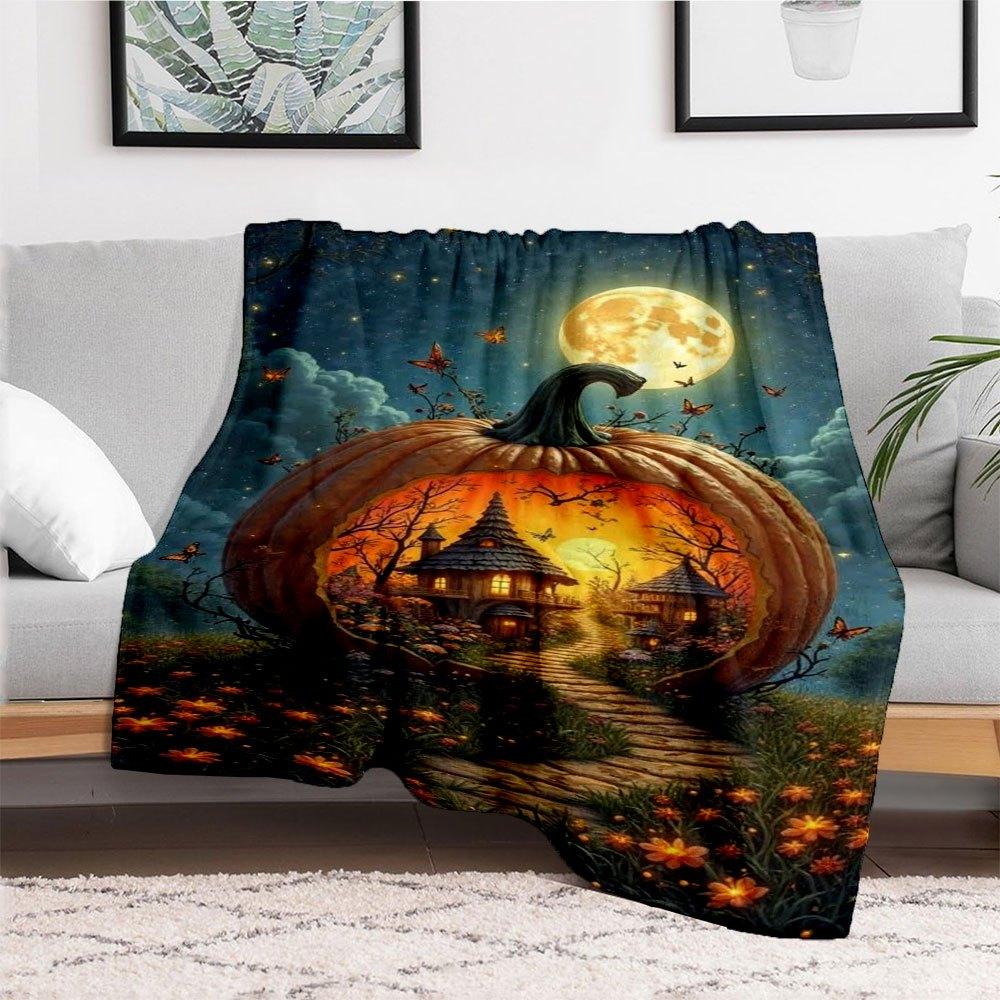 "Halloween Pumpkin House with Full Moon"Blanket Flannel Throw Blanket for Sofa, Bed, Travel, Camping, Office