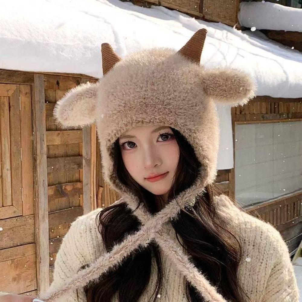 Fleece Lined Knitted Hat Korean Style Sheep Horn Hat Cute Trapper Hat Cold Weather