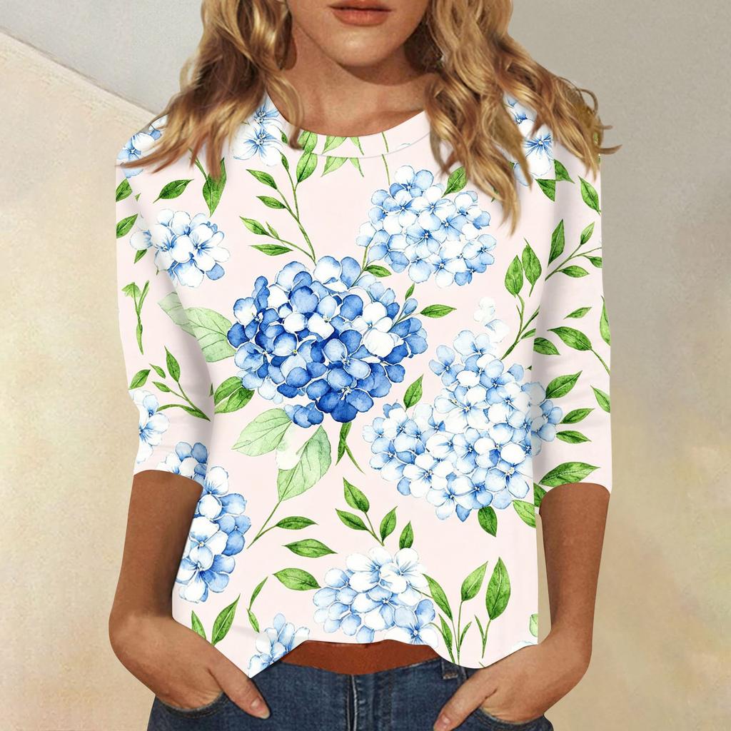 Damen Casual Oberteil mit Blumendruck 3/4 Ärmel Rundhalsausschnitt Leichter weicher Stoff Bequeme Passform Stilvolles Design für den Alltag