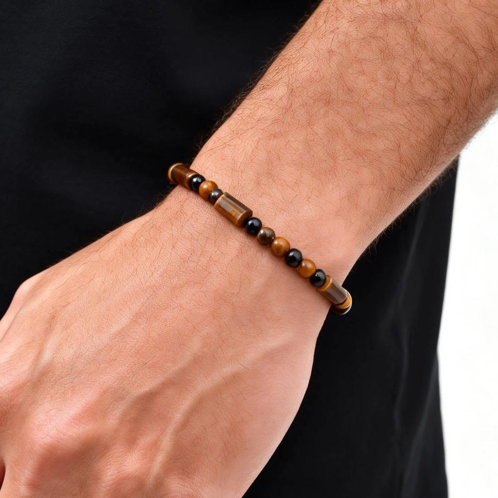 Fashion Classic Natural Stone Beaded Bracelet for Men, Adjustable Stainless Steel Chain Wristband, Agate Tiger Eye Jewelry Gift