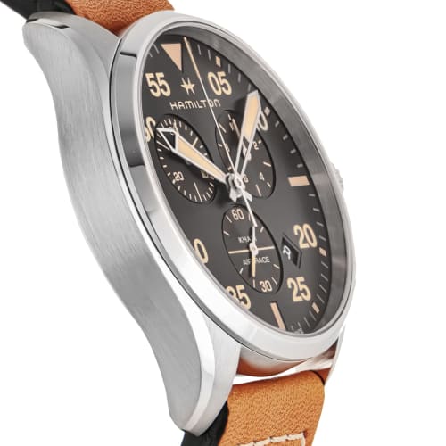 Hamilton Khaki Aviation Pilot Chrono Quartz Watch, Black Dial, Stainless Steel, Sapphire Crystal, Quartz Movement, 10 ATM Water Resistance, 42mm, Swis