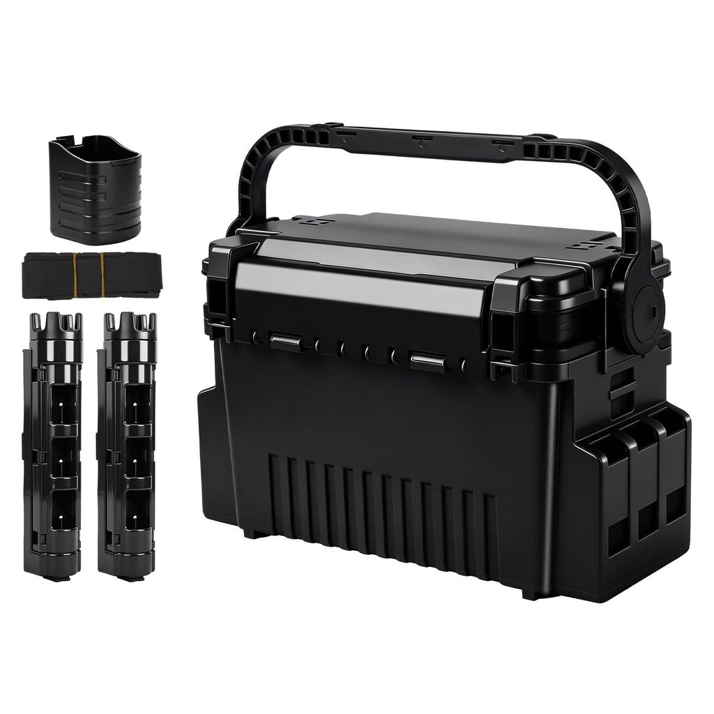 Yutesiri Large Capacity Fishing Tackle Box with Adjustable Rod Holders 43x23x28cm Multifunctional Seatable Storage Case Black Dividers