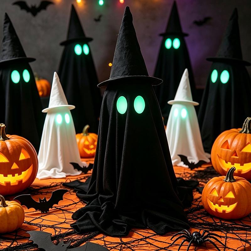 Glow in Dark Hooded Ghost Figurine Halloween Tabletop Decor Party Pub Bar Scene Decoration Black Skeleton Ornament