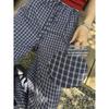 Women's Summer Blue Plaid Wide-Leg Cotton Drawstring Pants - Retro Texture, Thin, Loose, Casual