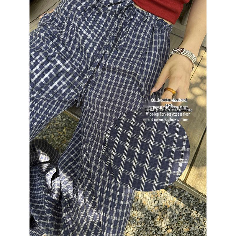 

Women s Summer Blue Plaid Wide-Leg Cotton Drawstring Pants - Retro Texture, Thin, Loose, Casual Large