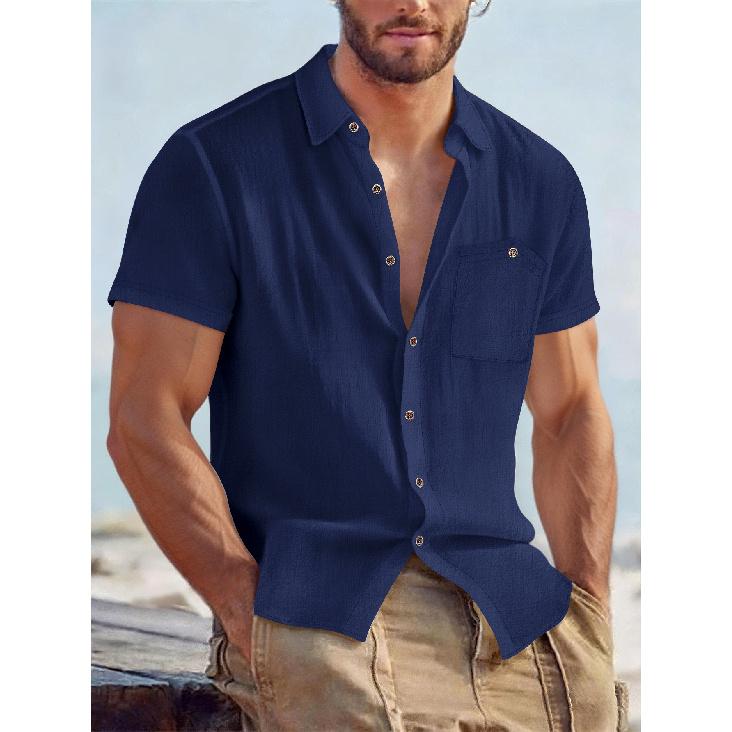 

2026 Spring New Men s Solid Color Linen Short-Sleeve Shirt Casual Turn-Down Collar Loose Breathable Top XXXL темно-синього кольору