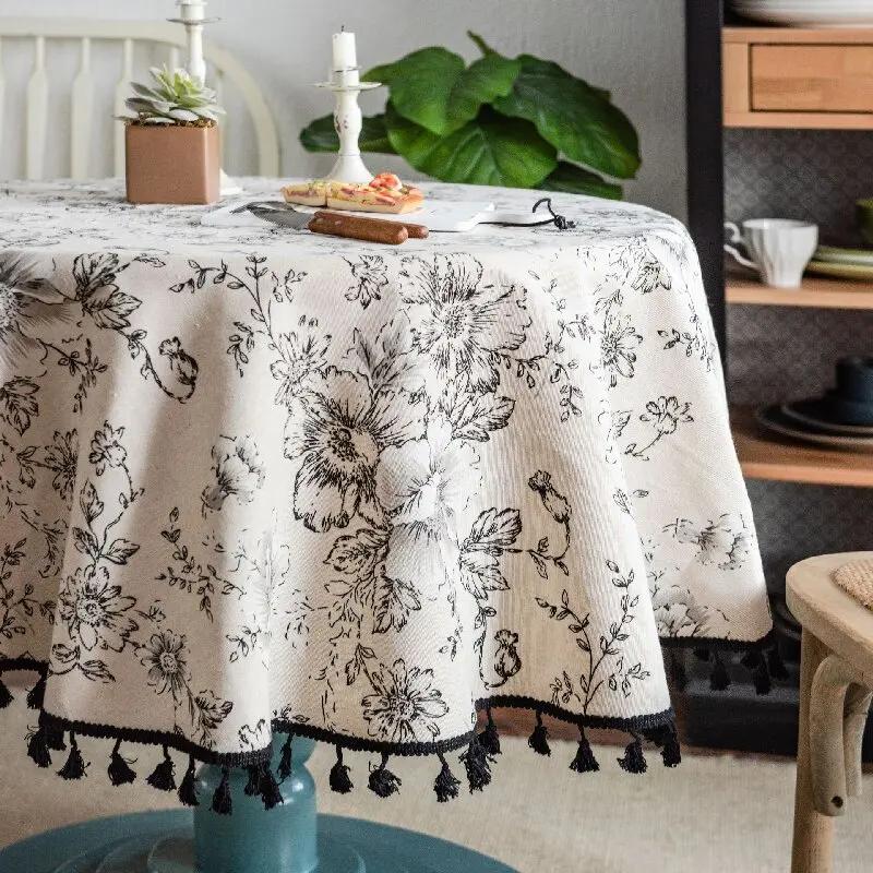 Floral Linen Cotton Tablecloth Pastoral Floral Rustic Washable Round Table Cover For Farmhouse Decor,Picnic,Tabletop Decor