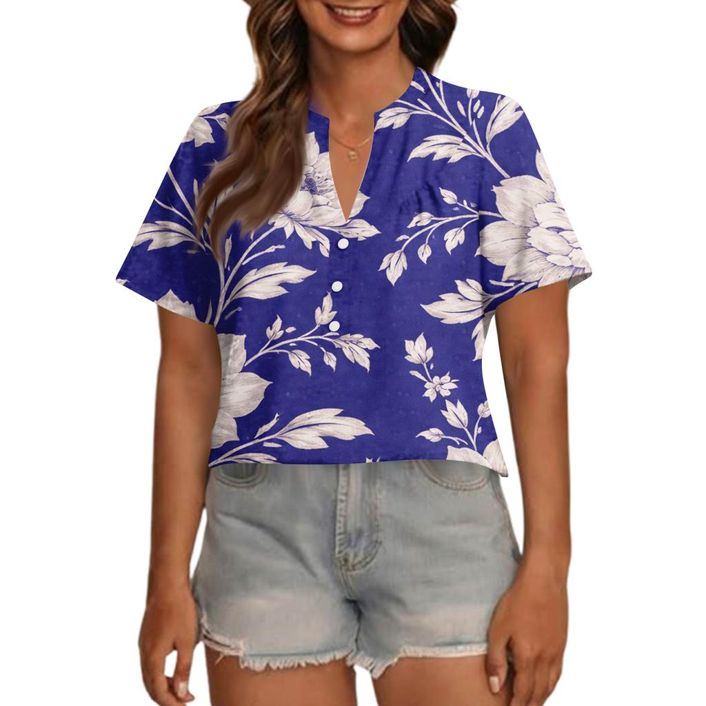 Women's Fashionable Casual V Neck Button Up Oversized Short Sleeve Printed Top