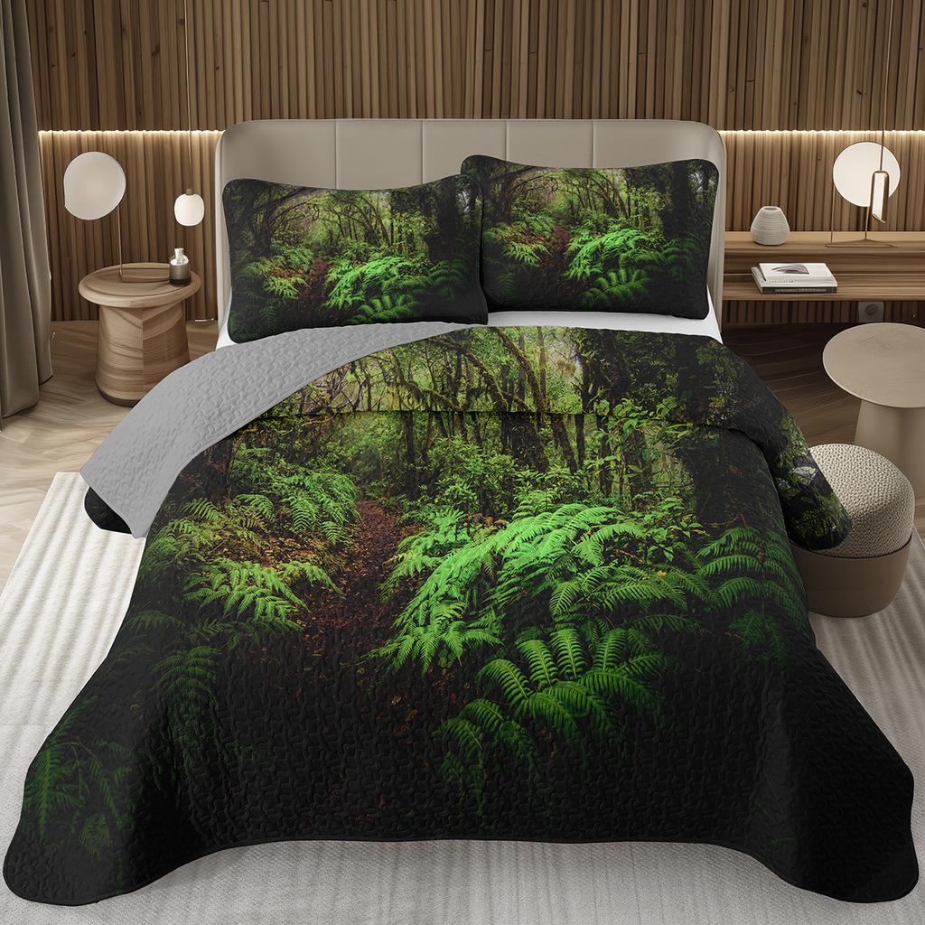 Forest Bedspread King/Full Magical Woodland Jungle Coverlet Set Dreamy Misty Scene Quilted Bedding Set Reversible Grey Bed Cover