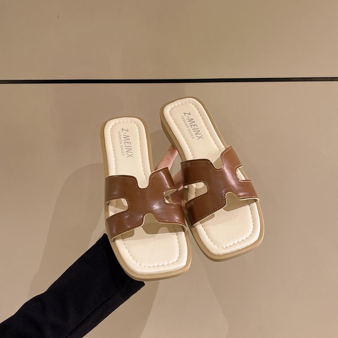 

Fashion Fashion Woven Summer Slippers for Women Brand Design Square Toe Flat Sandals Woman Comfortable Non Slip Beach Slides Flip Flops 35 коричневый