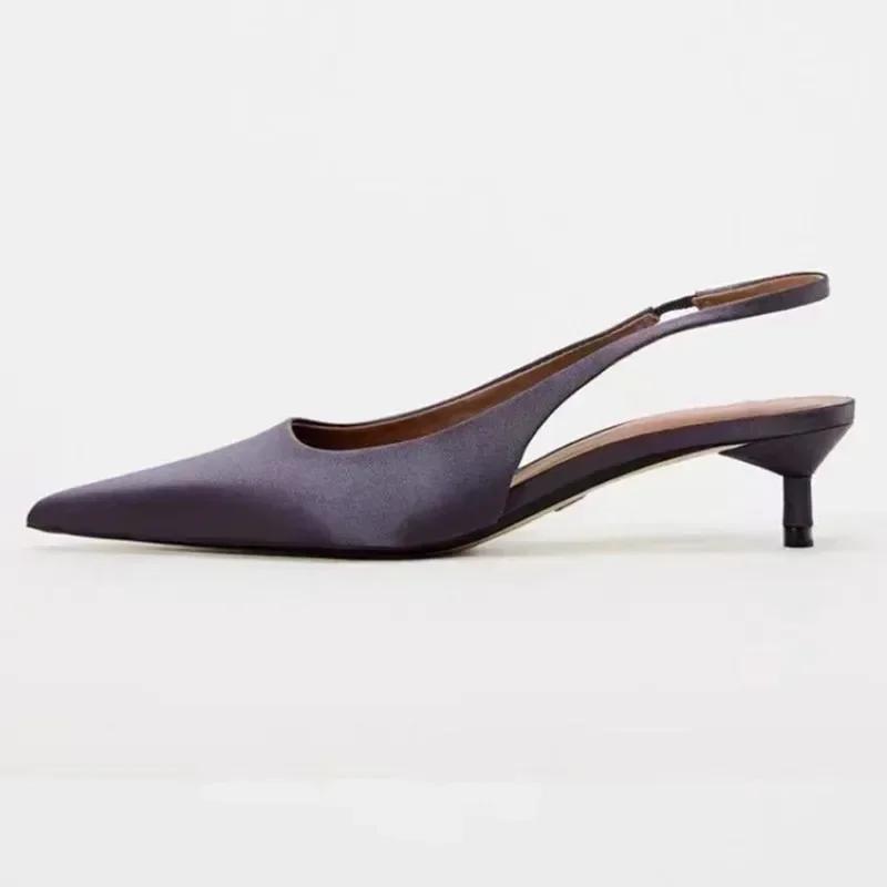 Fashion Elegant Purple Satin Low Heel Women Pumps Sexy Pointed Toe High Heels for Women Hollow Back Strap Mules Fashion Party Dress Shoe