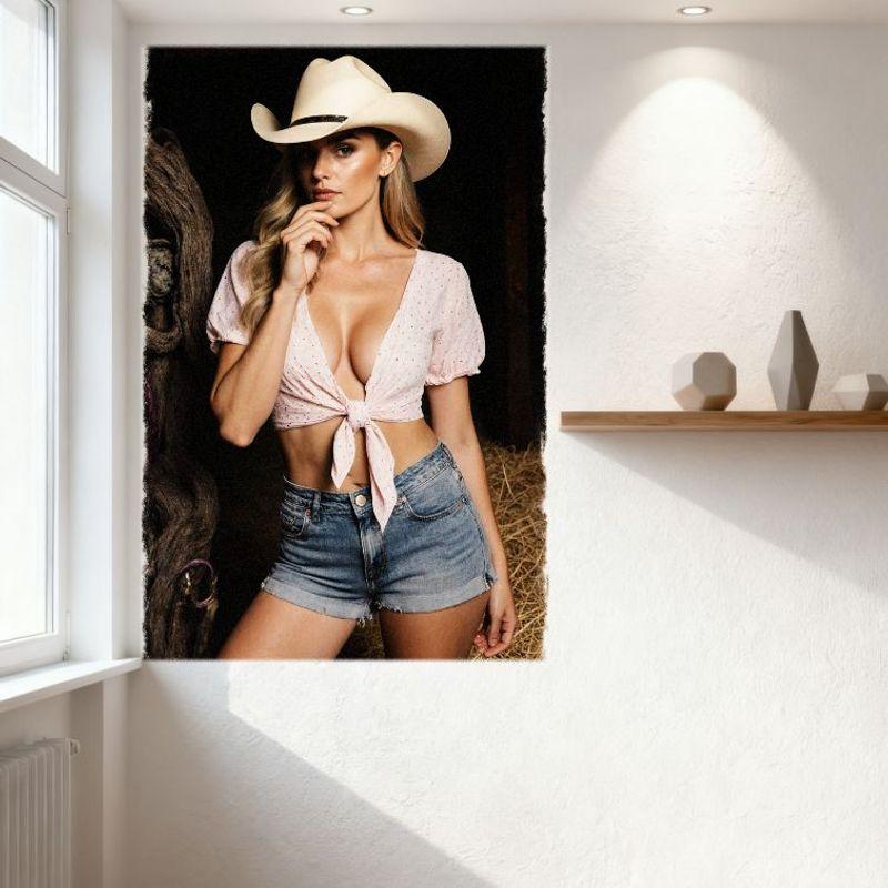 Sexy Rustic Cowgirl Tin Sign - Blonde Woman in Barn Hay Stable Wall Decor, Vintage Metal Poster for Bar Pub Home Cafe 8x12 Inch