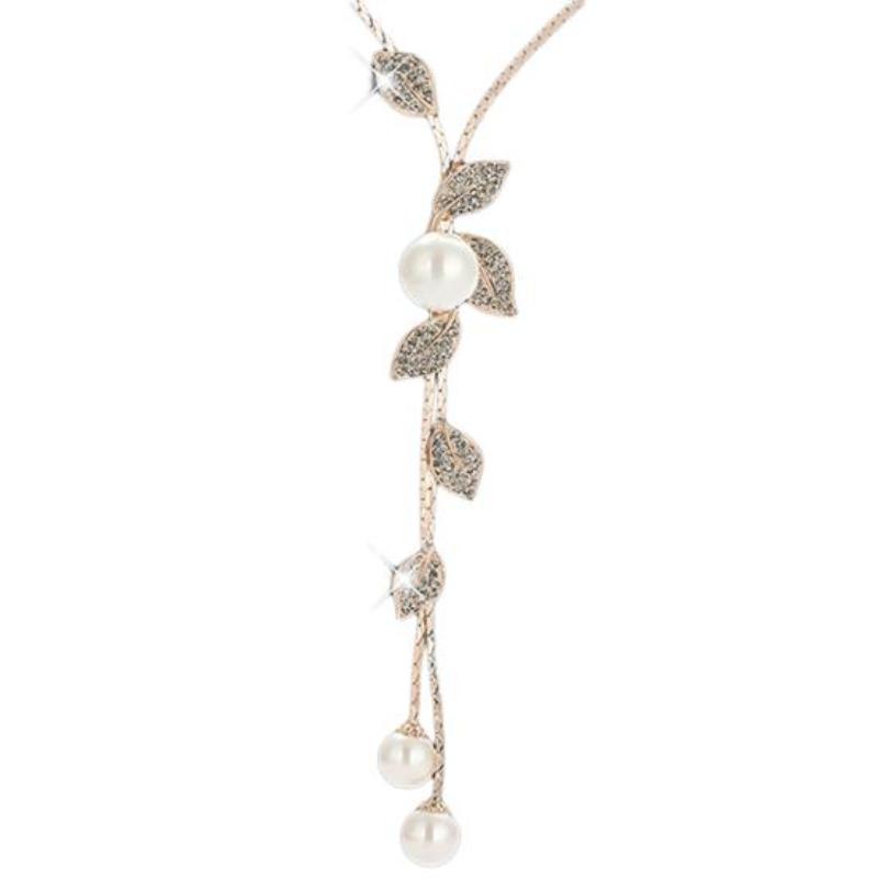 Ladies Fashion Faux Pearl Tassel Leaves Pendant Long Chain Sweater Necklace