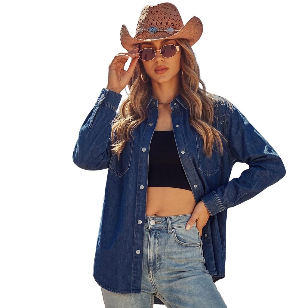 Women's Loose Fit Denim Shirt Jacket with Lapel Collar, Long Sleeves and Double Pockets
