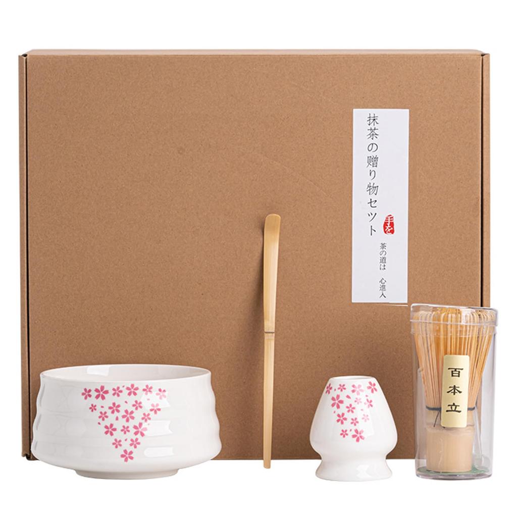 4-Piece Tea Ceremony Set with Matcha, 100-Standing Chasen, Chashaku (Tea Scoop), Chasa (Tea Spoon), and Matcha Bowl. Perfect for Beginners. Cherry