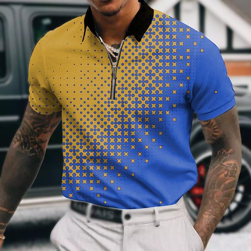 

Мужская рубашка-поло, повседневная рубашка на молнии с коротким рукавом, модная повседневная рубашка на молнии на лето и весну, стандартная посадка, рубашка с 3D синим принтом снежинок S жёлтый