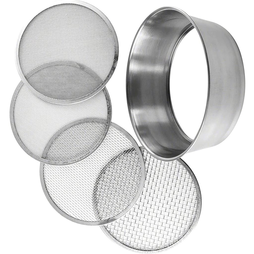 Stainless Steel Soil Sifter Set for Gardening 8 Inch Diameter with 4 Interchangeable Mesh Sizes 0.7/1/3/5mm