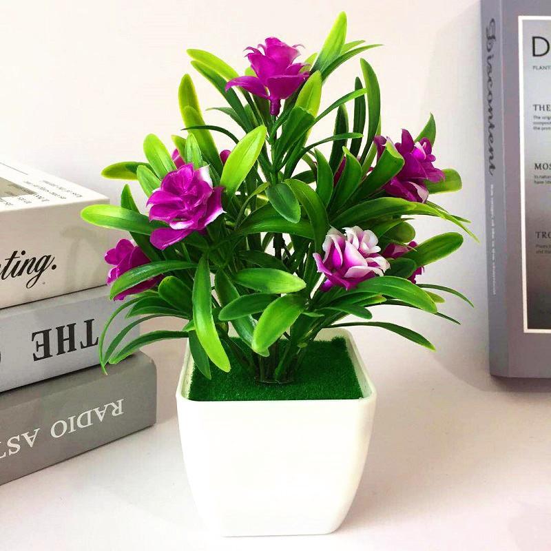 Plastic Lily Cherry Blossom Rose Flowers Potted Plant For Decor Home