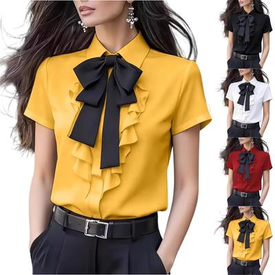 Women's Fashionable Color Lace Bow Ruffle Short Sleeved Shirt Top
