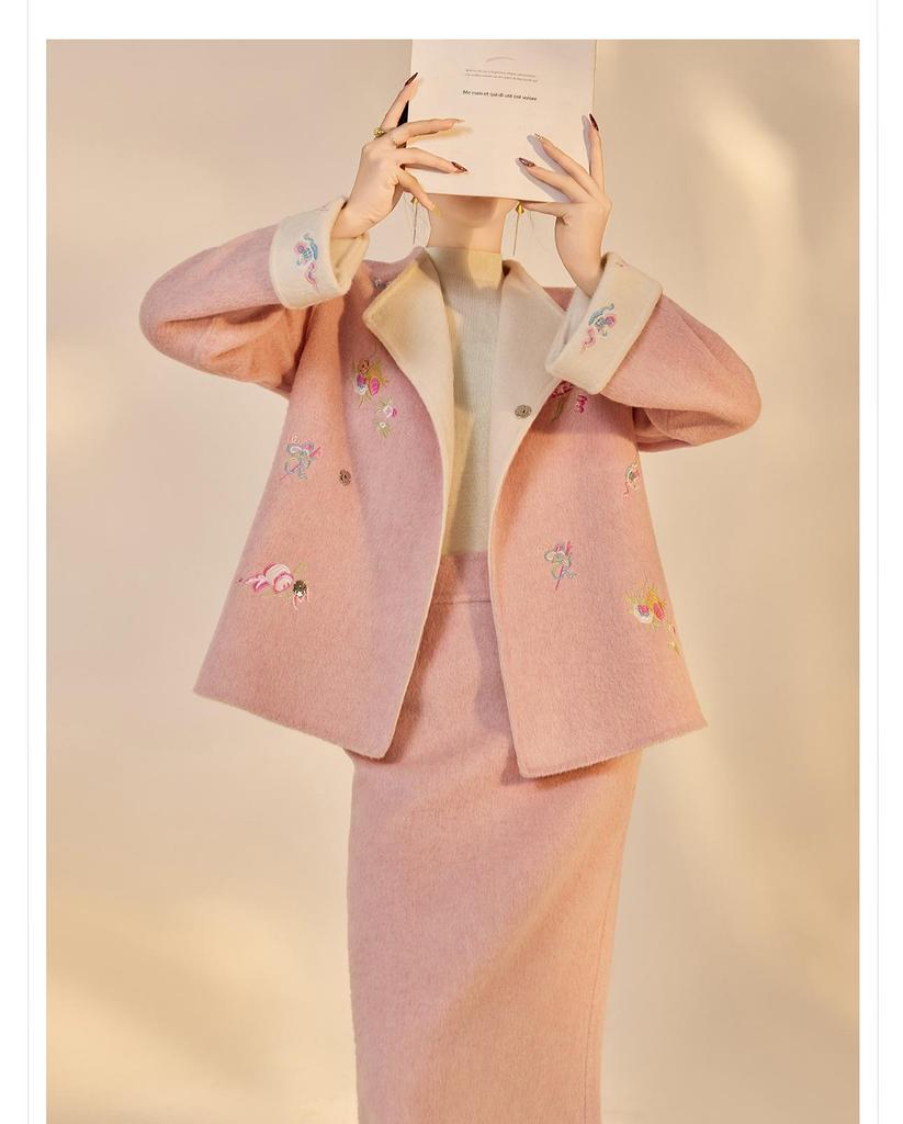 New Chinese Embroidered Wool Coat & Skirt Set - Women's NY027