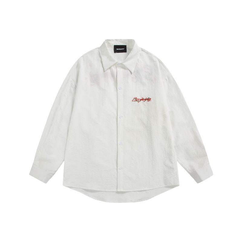 

Men s American-Style Embroidered Letter Casual Long-Sleeve Shirt, Unisex 2025 Autumn New Ins Trendy Loose Shirt White M