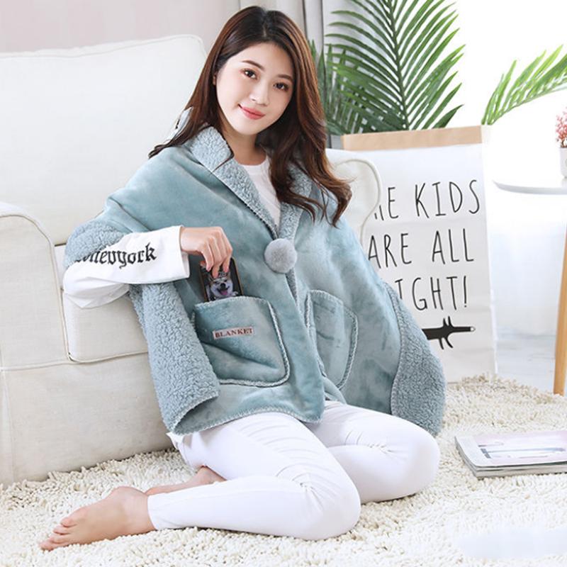 Autumn  Winter Multi Functional Shawl Blanket Office Nap Blanket Thick Flannel Lamb Wool Blanket Knee Blanket Fur Ball Pocket Mantle Shawl