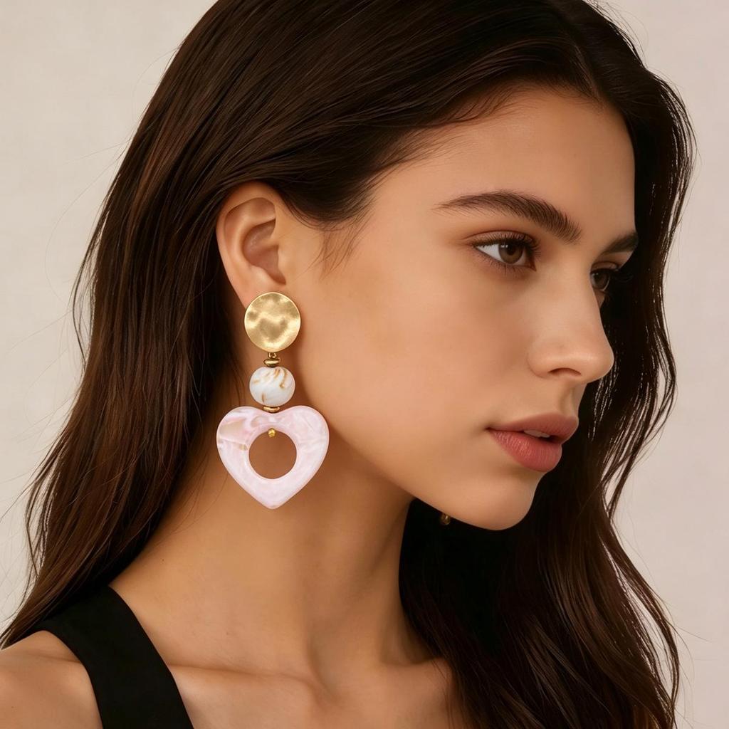 Pink Heart Marbled Stud Earrings - European American Exaggerated Style, Fashion Niche High-Grade Ear Accessories for Women.