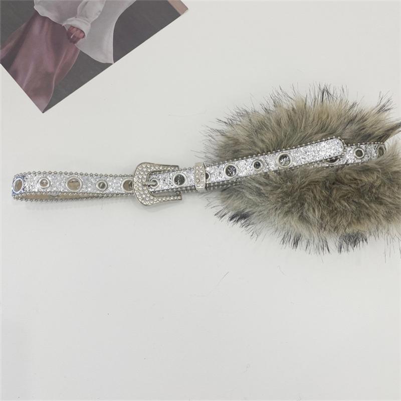Punk Pu Studded Fur Belt Y2K Vintage Faux Fur Waistband Metal Plush Furry Waistband Jeans Waist Belts Accessories