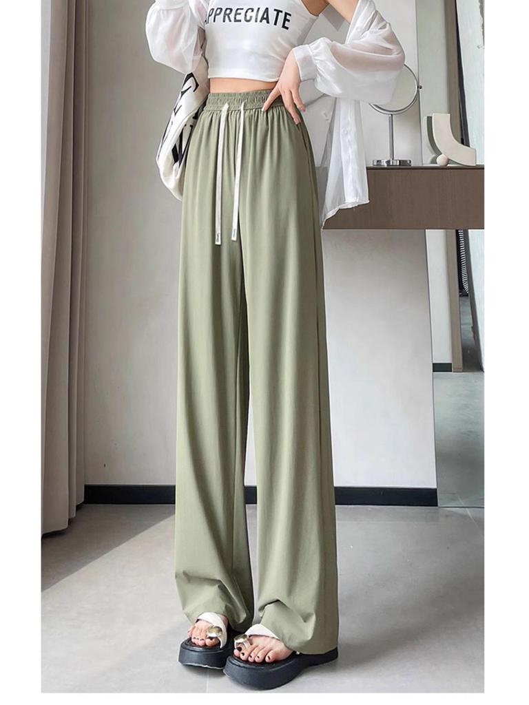 Women's Summer High Waist Ice Silk Wide-Leg Pants - 2025 New, Lightweight, Floor-Length, Loose, Slimming, Casual Straight Leg Design.