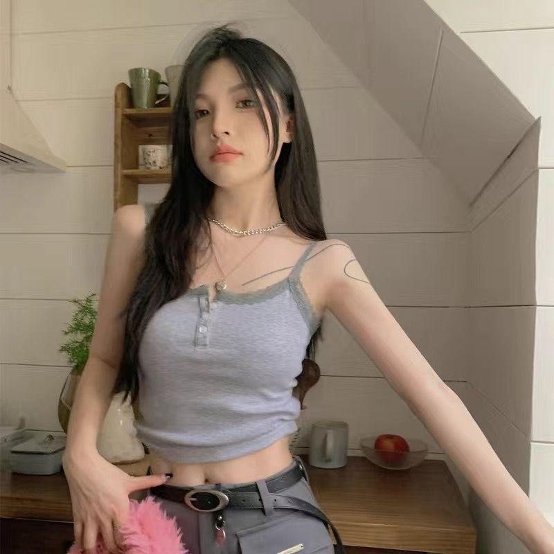 Grey Lace Trim Henley Camisole With Built In Bra For Casual Wear onesize серый