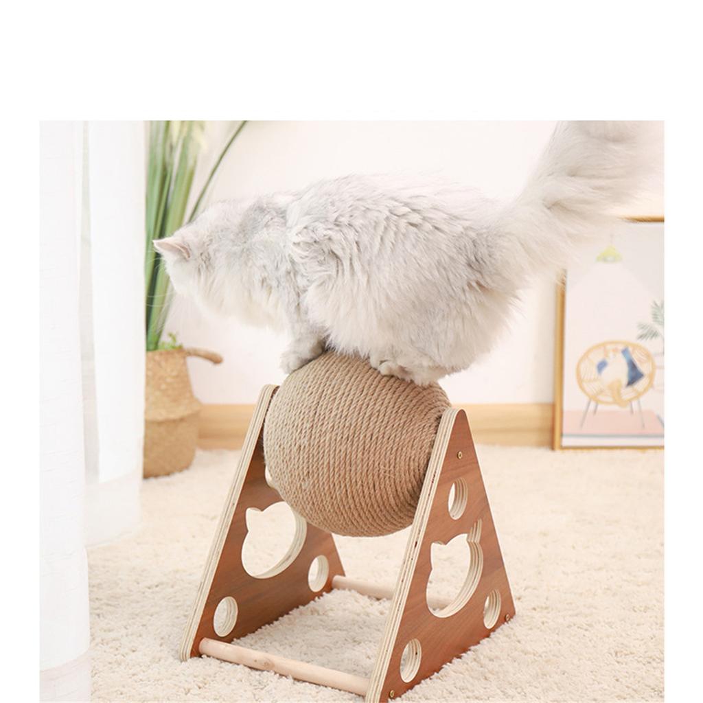 Triangle Wooden Cat Toy with Natural Sisal Rope Ball Durable Interactive Scratching and Playing Station for Cats