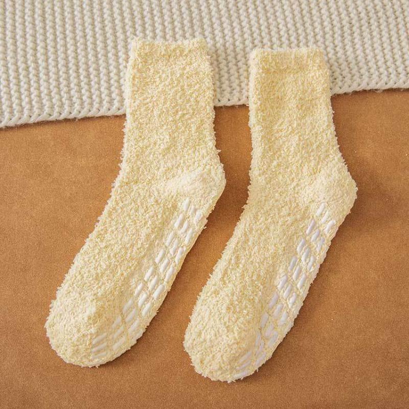 Non-shedding Coral Fleece Socks - Women's Solid Color Anti-slip Adhesive Socks for Winter and Autumn Warmth - Towel Half Fleece Floor Socks