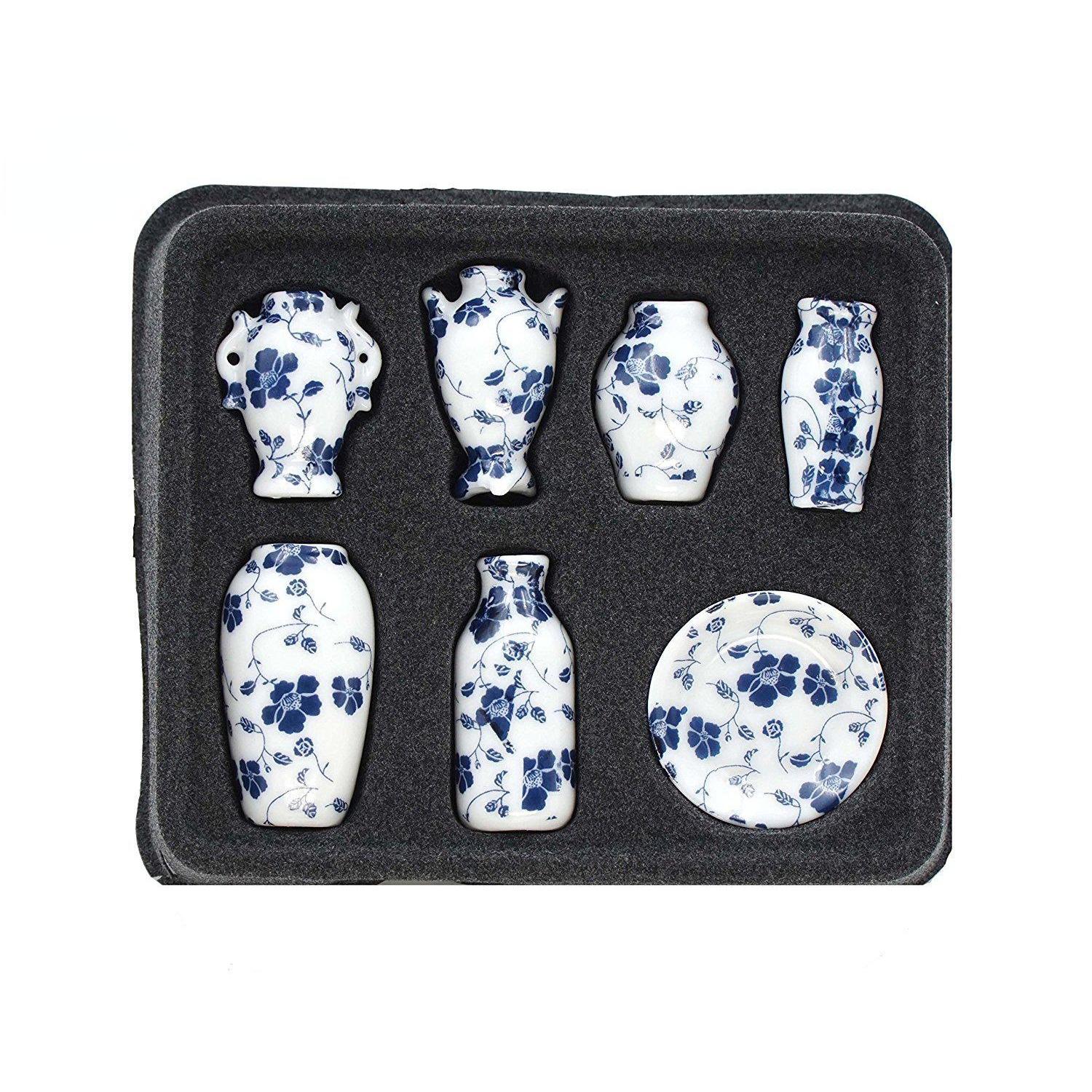 

Мини-ваза 1/12, Украшение мебели для мини-кукольного домика, Ваза для кукольного домика, Процесс нанесения на поверхность, Ваза из керамической банки, Синий и белый фарфор 7Pcs белый/синий