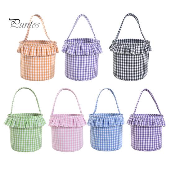 Easter Egg Hunt Carriers Halloween Basket, Plaid Ruffle Trick or Treat Candy Bucket with Handle Celebration Accessories for Kids, Reusable Gingham