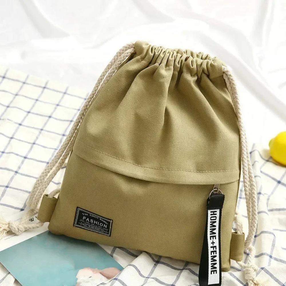 Student Canvas Bag Drawstring Style Backpack Solid Color Simple Cloth Bag Bundle Pocket Casual Bag for Men and Women Portable